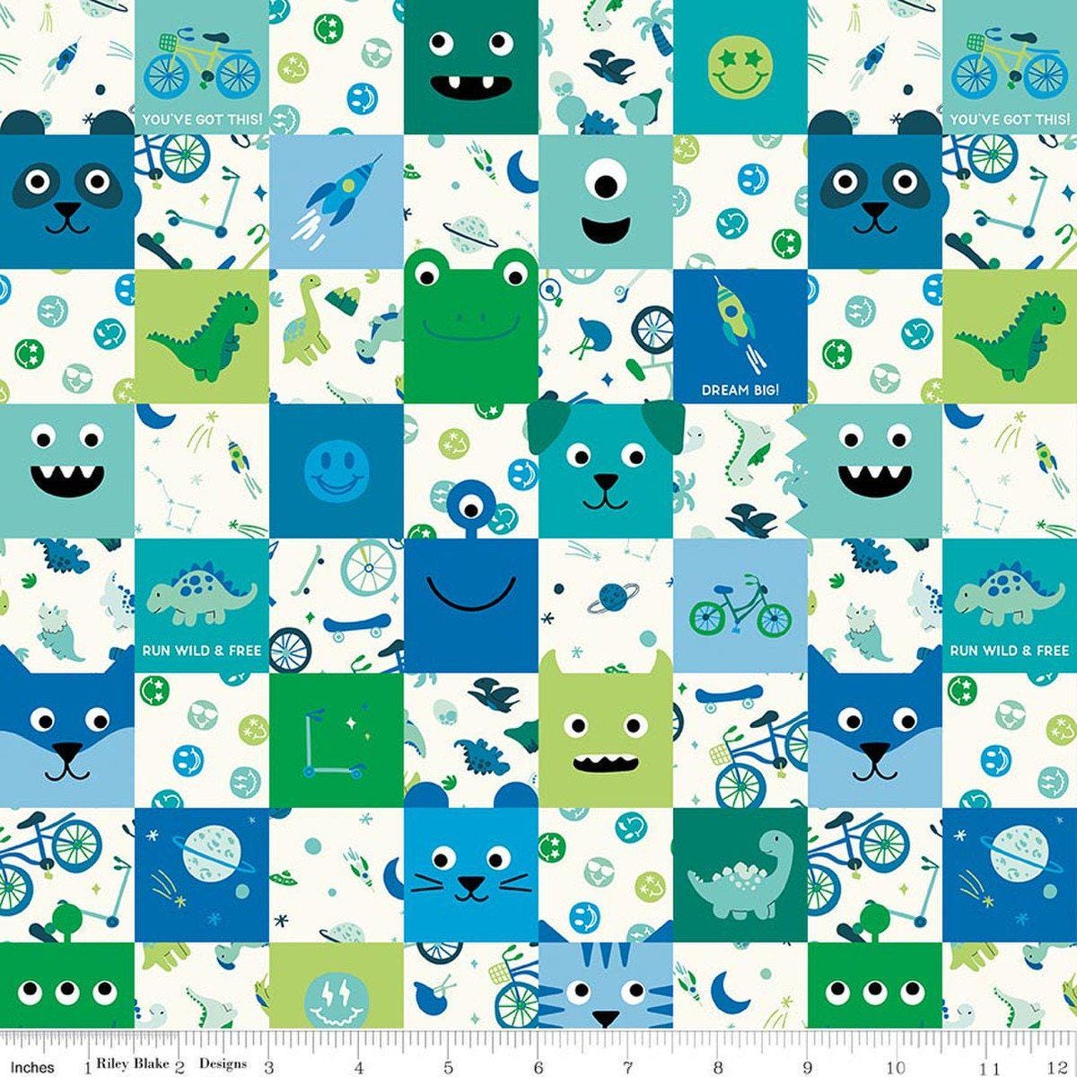 Image of Brave Your Way Cheater Print Blue quilting cotton fabric by Cayla Naylor for Riley Blake Designs. Features monsters on a white background. Cute Little Fabric Shop.