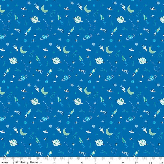 Image of Brave Your Way To the Moon Cobalt quilting cotton fabric by Cayla Naylor for Riley Blake Designs. Features space on a blue background. Cute Little Fabric Shop.