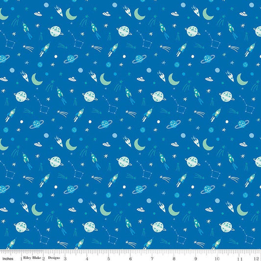 Image of Brave Your Way To the Moon Cobalt quilting cotton fabric by Cayla Naylor for Riley Blake Designs. Features space on a blue background. Cute Little Fabric Shop.