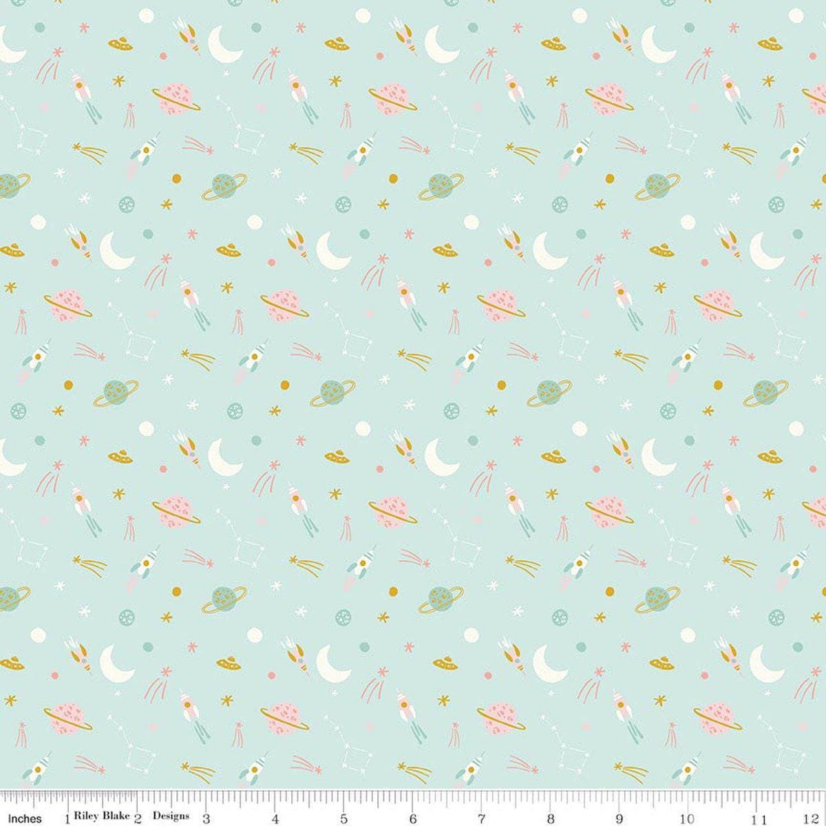 Image of Brave Your Way To the Moon Songbird quilting cotton fabric by Cayla Naylor for Riley Blake Designs. Features space on a blue background. Cute Little Fabric Shop.