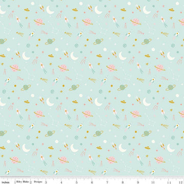 Image of Brave Your Way To the Moon Songbird quilting cotton fabric by Cayla Naylor for Riley Blake Designs. Features space on a blue background. Cute Little Fabric Shop.