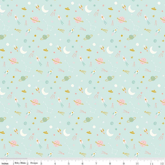 Image of Brave Your Way To the Moon Songbird quilting cotton fabric by Cayla Naylor for Riley Blake Designs. Features space on a blue background. Cute Little Fabric Shop.