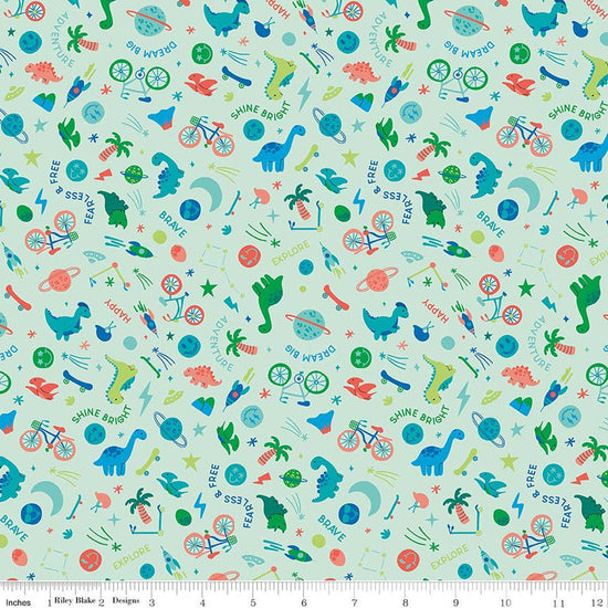 Image of Brave Your Way Wild and Free Mint quilting cotton fabric by Cayla Naylor for Riley Blake Designs. Features baby boy toys on a green background. Cute Little Fabric Shop.