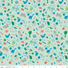 Image of Brave Your Way Wild and Free Mint quilting cotton fabric by Cayla Naylor for Riley Blake Designs. Features baby boy toys on a green background. Cute Little Fabric Shop.