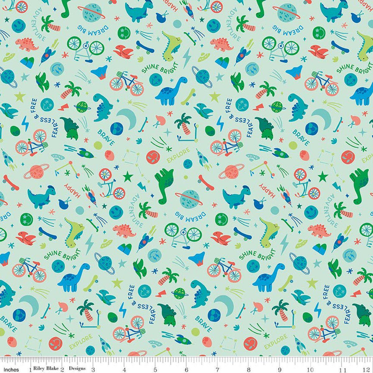 Image of Brave Your Way Wild and Free Mint quilting cotton fabric by Cayla Naylor for Riley Blake Designs. Features baby boy toys on a green background. Cute Little Fabric Shop.