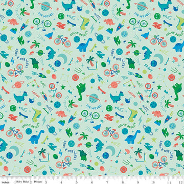 Image of Brave Your Way Wild and Free Mint quilting cotton fabric by Cayla Naylor for Riley Blake Designs. Features baby boy toys on a green background. Cute Little Fabric Shop.