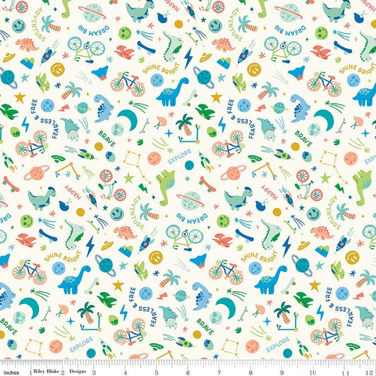 Image of Brave Your Way Wild and Free Cloud quilting cotton fabric by Cayla Naylor for Riley Blake Designs. Features baby boy on a white background. Cute Little Fabric Shop.
