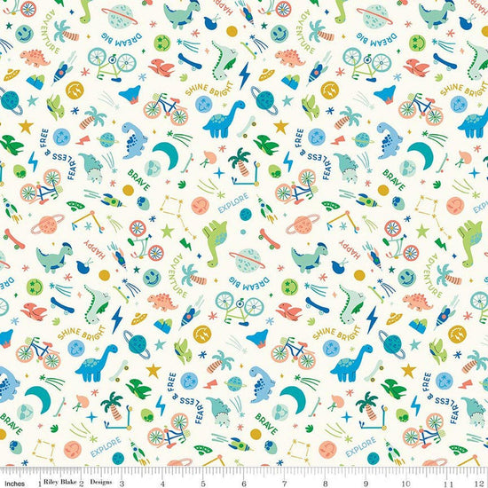 Image of Brave Your Way Wild and Free Cloud quilting cotton fabric by Cayla Naylor for Riley Blake Designs. Features baby boy on a white background. Cute Little Fabric Shop.