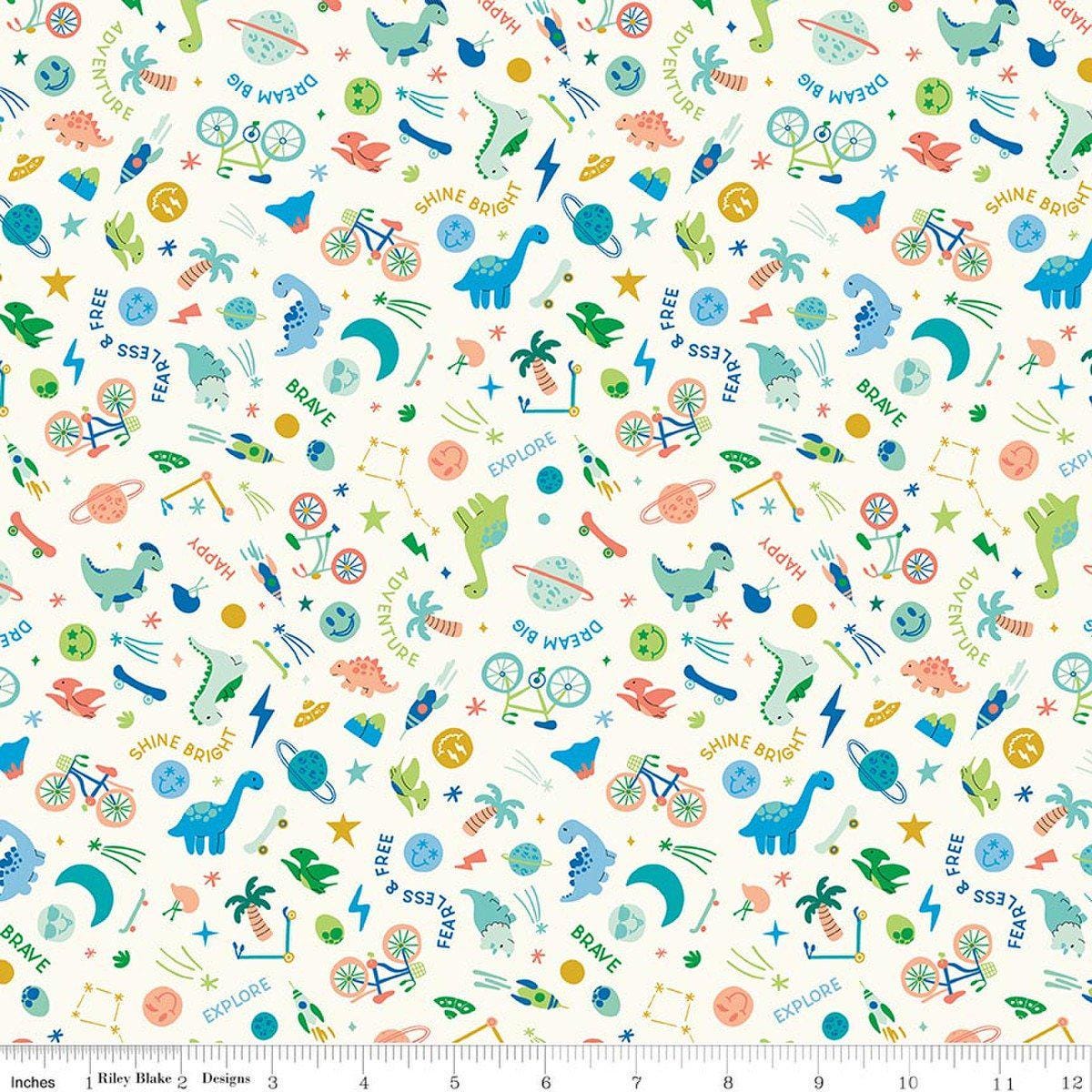 Image of Brave Your Way Wild and Free Cloud quilting cotton fabric by Cayla Naylor for Riley Blake Designs. Features baby boy on a white background. Cute Little Fabric Shop.