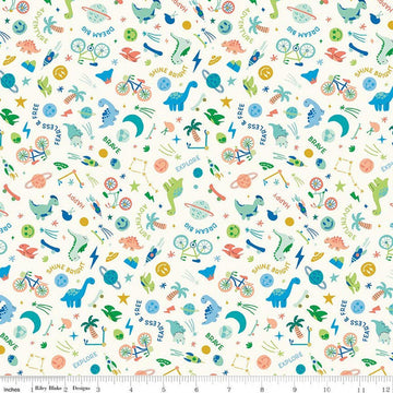 Image of Brave Your Way Wild and Free Cloud quilting cotton fabric by Cayla Naylor for Riley Blake Designs. Features baby boy on a white background. Cute Little Fabric Shop.