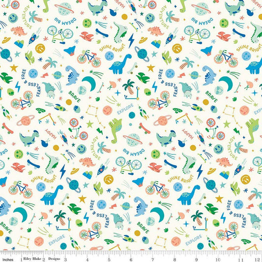 Image of Brave Your Way Wild and Free Cloud quilting cotton fabric by Cayla Naylor for Riley Blake Designs. Features baby boy on a white background. Cute Little Fabric Shop.