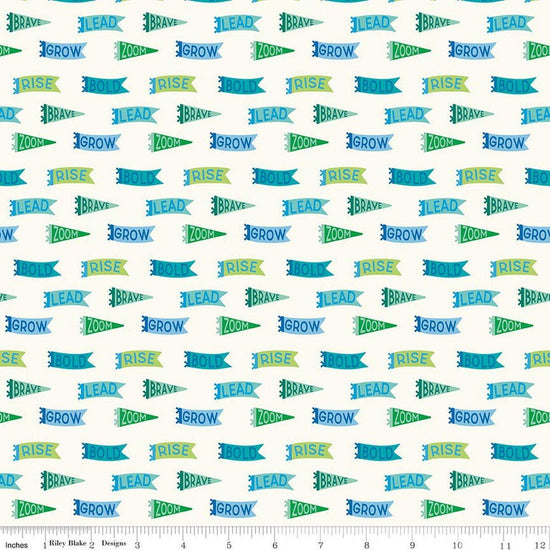 Image of Brave Your Way Brave Banners Cloud quilting cotton fabric by Cayla Naylor for Riley Blake Designs. Features banners on a white background. Cute Little Fabric Shop.