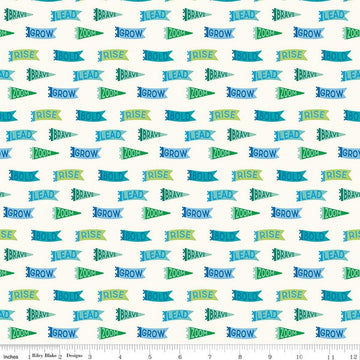 Image of Brave Your Way Brave Banners Cloud quilting cotton fabric by Cayla Naylor for Riley Blake Designs. Features banners on a white background. Cute Little Fabric Shop.