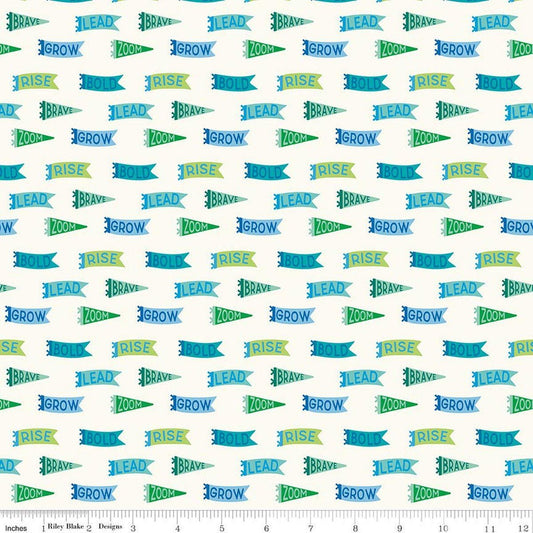 Image of Brave Your Way Brave Banners Cloud quilting cotton fabric by Cayla Naylor for Riley Blake Designs. Features banners on a white background. Cute Little Fabric Shop.