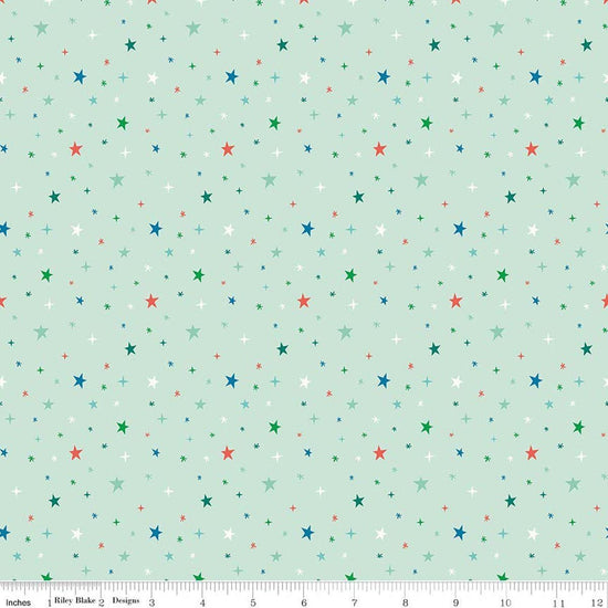Image of Brave Your Way Beyond the Stars Mint quilting cotton fabric by Cayla Naylor for Riley Blake Designs. Features stars on a green background. Cute Little Fabric Shop.