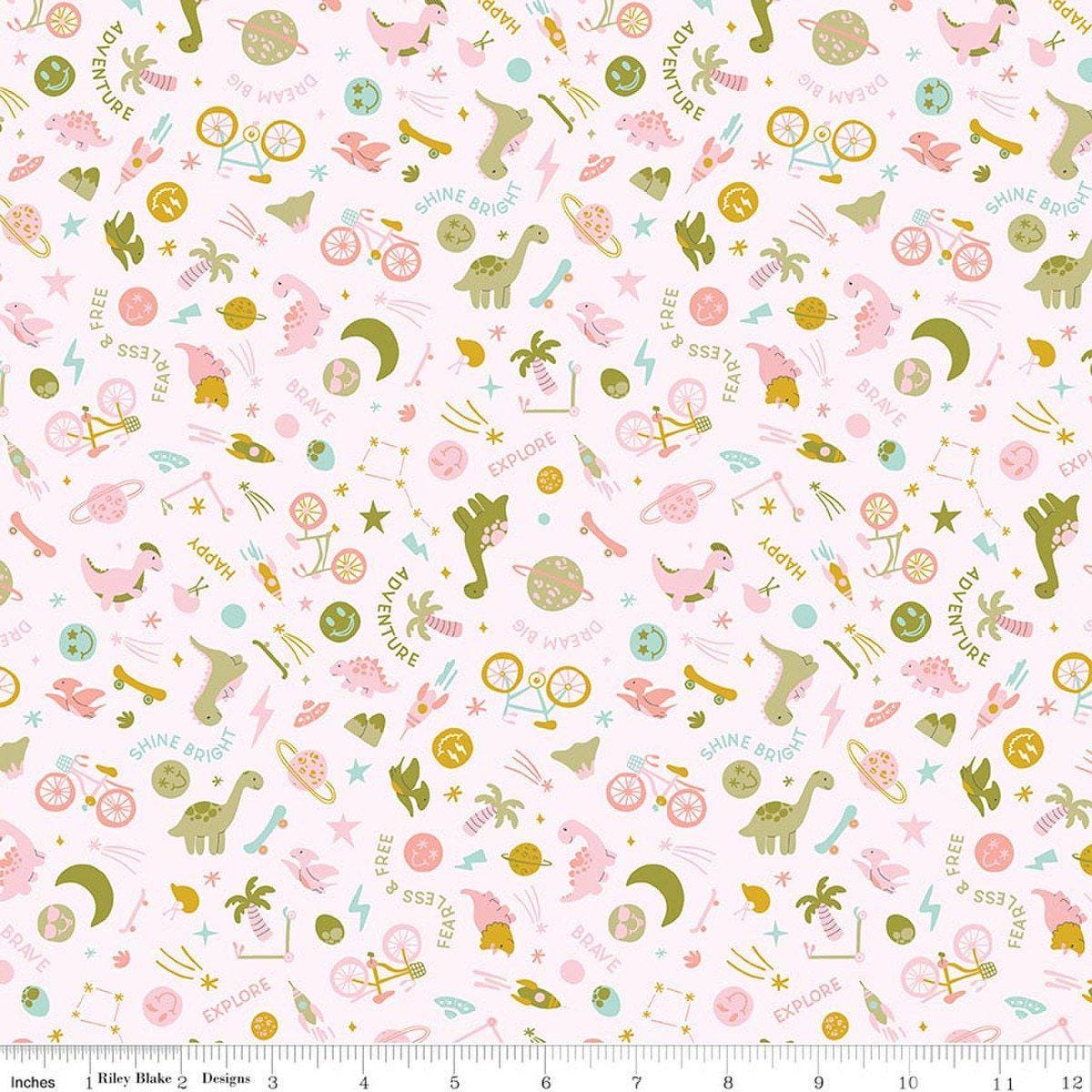 Image of Brave Your Way Wild and Free Petal quilting cotton fabric by Cayla Naylor for Riley Blake Designs. Features baby boy toys on a white background. Cute Little Fabric Shop.