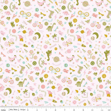 Image of Brave Your Way Wild and Free Petal quilting cotton fabric by Cayla Naylor for Riley Blake Designs. Features baby boy toys on a white background. Cute Little Fabric Shop.