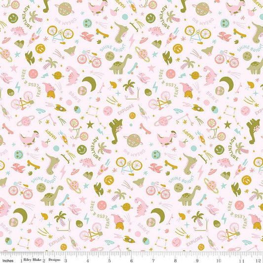 Image of Brave Your Way Wild and Free Petal quilting cotton fabric by Cayla Naylor for Riley Blake Designs. Features baby boy toys on a white background. Cute Little Fabric Shop.