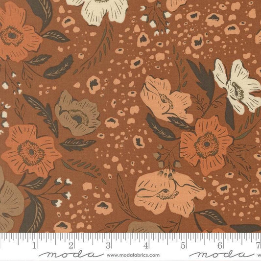 Image of Wellspring Flora Dark Clay quilting cotton fabric by Fancy That Design House for Moda Fabrics. Features flowers on a brown background. Cute Little Fabric Shop.