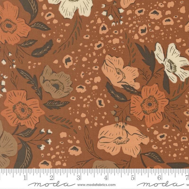 Image of Wellspring Flora Dark Clay quilting cotton fabric by Fancy That Design House for Moda Fabrics. Features flowers on a brown background. Cute Little Fabric Shop.
