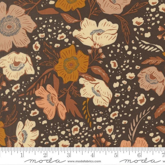 Image of Wellspring Flora Charcoal quilting cotton fabric by Fancy That Design House for Moda Fabrics. Features flowers on a black background. Cute Little Fabric Shop.