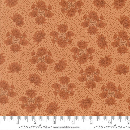 Image of Wellspring Speckled Serenade Coral Seashell quilting cotton fabric by Fancy That Design House for Moda Fabrics. Features flowers on an orange background. Cute Little Fabric Shop.