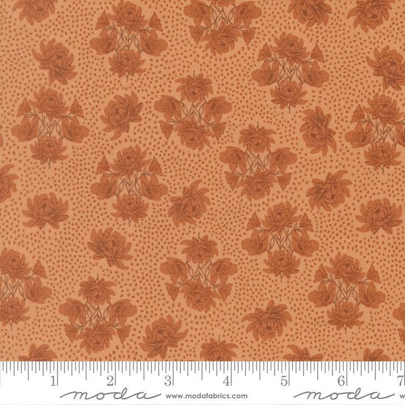 Image of Wellspring Speckled Serenade Coral Seashell quilting cotton fabric by Fancy That Design House for Moda Fabrics. Features flowers on an orange background. Cute Little Fabric Shop.