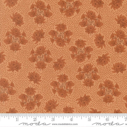 Image of Wellspring Speckled Serenade Coral Seashell quilting cotton fabric by Fancy That Design House for Moda Fabrics. Features flowers on an orange background. Cute Little Fabric Shop.