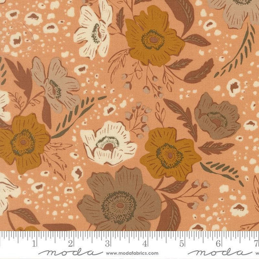 Image of Wellspring Flora Coral Seashell quilting cotton fabric by Fancy That Design House for Moda Fabrics. Features flowers on a pink background. Cute Little Fabric Shop.