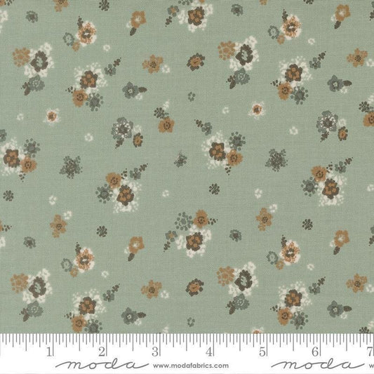 Image of Wellspring Micro Bloom Storm quilting cotton fabric by Fancy That Design House for Moda Fabrics. Features flowers on a blue background. Cute Little Fabric Shop.