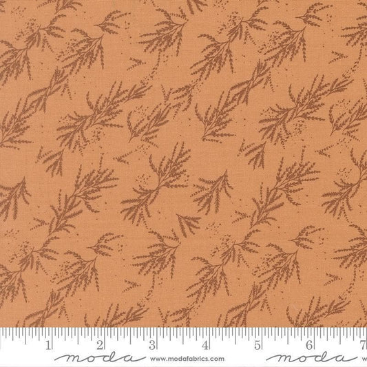 Image of Wellspring Branches Coral Seashell quilting cotton fabric by Fancy That Design House for Moda Fabrics. Features leaves on a brown background. Cute Little Fabric Shop.
