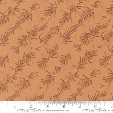 Image of Wellspring Branches Coral Seashell quilting cotton fabric by Fancy That Design House for Moda Fabrics. Features leaves on a brown background. Cute Little Fabric Shop.