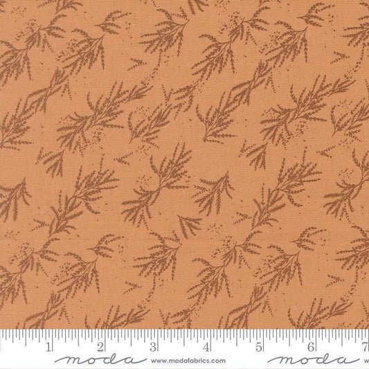 Image of Wellspring Branches Coral Seashell quilting cotton fabric by Fancy That Design House for Moda Fabrics. Features leaves on a brown background. Cute Little Fabric Shop.