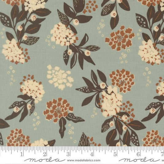 Image of Wellspring Inflorescence Storm quilting cotton fabric by Fancy That Design House for Moda Fabrics. Features flowers on a blue background. Cute Little Fabric Shop.