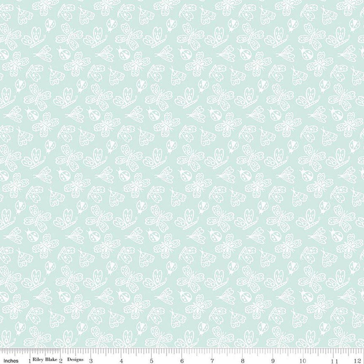 Image of Little Posies Butterflies Aqua quilting cotton fabric by Cayla Naylor for Riley Blake Designs. Features butterflies on a blue background. Cute Little Fabric Shop.