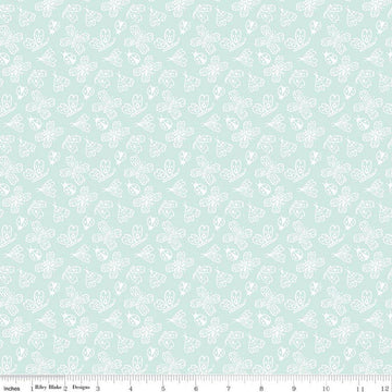 Image of Little Posies Butterflies Aqua quilting cotton fabric by Cayla Naylor for Riley Blake Designs. Features butterflies on a blue background. Cute Little Fabric Shop.