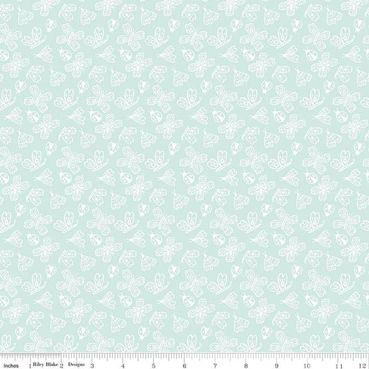 Image of Little Posies Butterflies Aqua quilting cotton fabric by Cayla Naylor for Riley Blake Designs. Features butterflies on a blue background. Cute Little Fabric Shop.