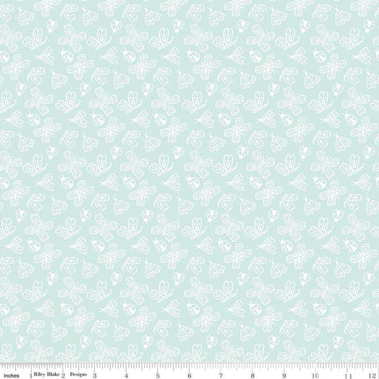 Image of Little Posies Butterflies Aqua quilting cotton fabric by Cayla Naylor for Riley Blake Designs. Features butterflies on a blue background. Cute Little Fabric Shop.