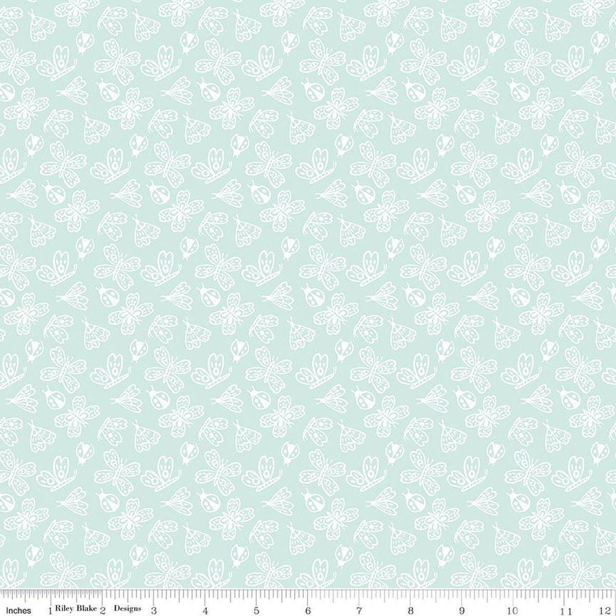 Image of Little Posies Butterflies Aqua quilting cotton fabric by Cayla Naylor for Riley Blake Designs. Features butterflies on a blue background. Cute Little Fabric Shop.