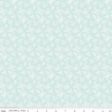 Image of Little Posies Butterflies Aqua quilting cotton fabric by Cayla Naylor for Riley Blake Designs. Features butterflies on a blue background. Cute Little Fabric Shop.