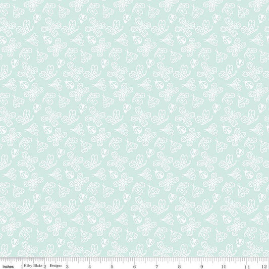Image of Little Posies Butterflies Aqua quilting cotton fabric by Cayla Naylor for Riley Blake Designs. Features butterflies on a blue background. Cute Little Fabric Shop.