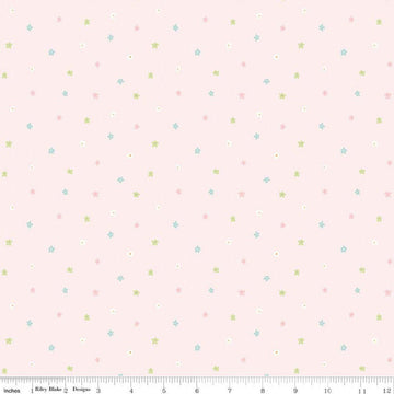 Image of Little Posies Ditsy Pink quilting cotton fabric by Cayla Naylor for Riley Blake Designs. Features stars on a pink background. Cute Little Fabric Shop.