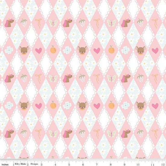 Image of Little Posies Diamonds Pink quilting cotton fabric by Cayla Naylor for Riley Blake Designs. Features diamonds on a pink background. Cute Little Fabric Shop.