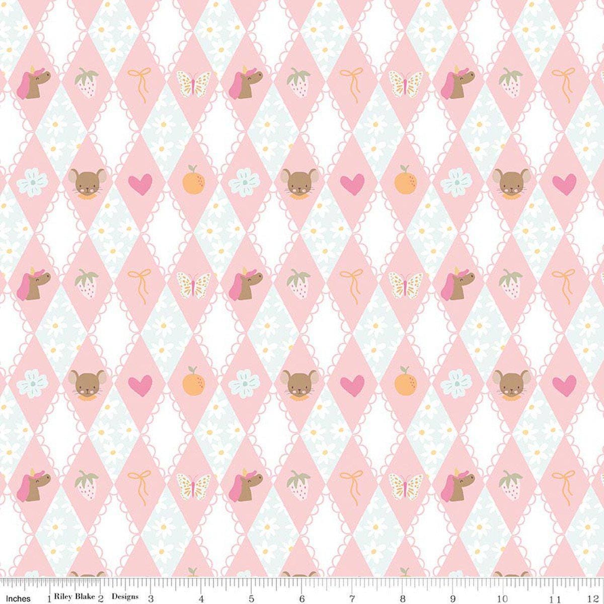 Image of Little Posies Diamonds Pink quilting cotton fabric by Cayla Naylor for Riley Blake Designs. Features diamonds on a pink background. Cute Little Fabric Shop.
