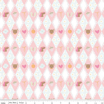 Image of Little Posies Diamonds Pink quilting cotton fabric by Cayla Naylor for Riley Blake Designs. Features diamonds on a pink background. Cute Little Fabric Shop.