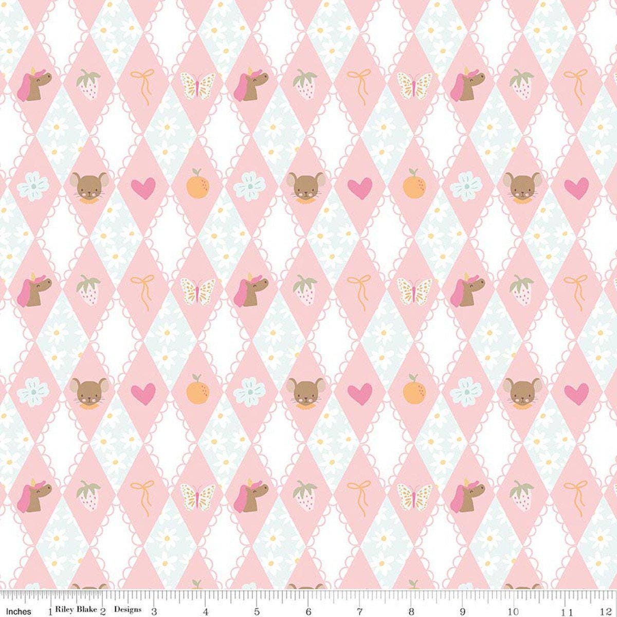 Image of Little Posies Diamonds Pink quilting cotton fabric by Cayla Naylor for Riley Blake Designs. Features diamonds on a pink background. Cute Little Fabric Shop.