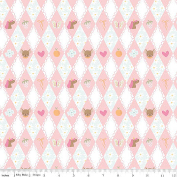 Image of Little Posies Diamonds Pink quilting cotton fabric by Cayla Naylor for Riley Blake Designs. Features diamonds on a pink background. Cute Little Fabric Shop.