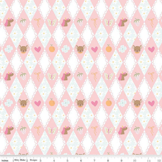 Image of Little Posies Diamonds Pink quilting cotton fabric by Cayla Naylor for Riley Blake Designs. Features diamonds on a pink background. Cute Little Fabric Shop.