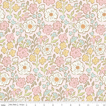 Image of Little Posies Main Pink quilting cotton fabric by Cayla Naylor for Riley Blake Designs. Features flowers on a pink background. Cute Little Fabric Shop.