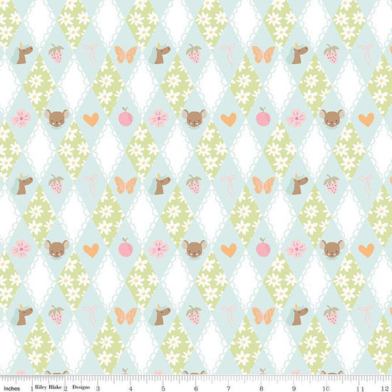 Image of Little Posies Diamonds Aqua quilting cotton fabric by Cayla Naylor for Riley Blake Designs. Features diamonds on a white, blue, and green background. Cute Little Fabric Shop.